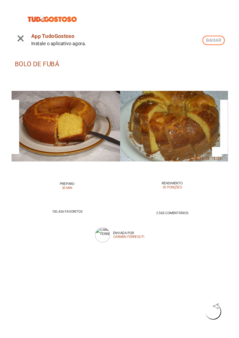 Receita de Bolo de fubá, enviada por carmen ferreguti - TudoGostoso, Receita