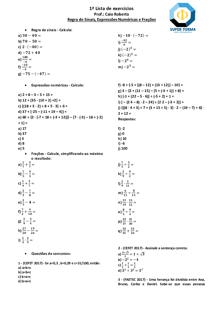 Regras de sinais com exercícios