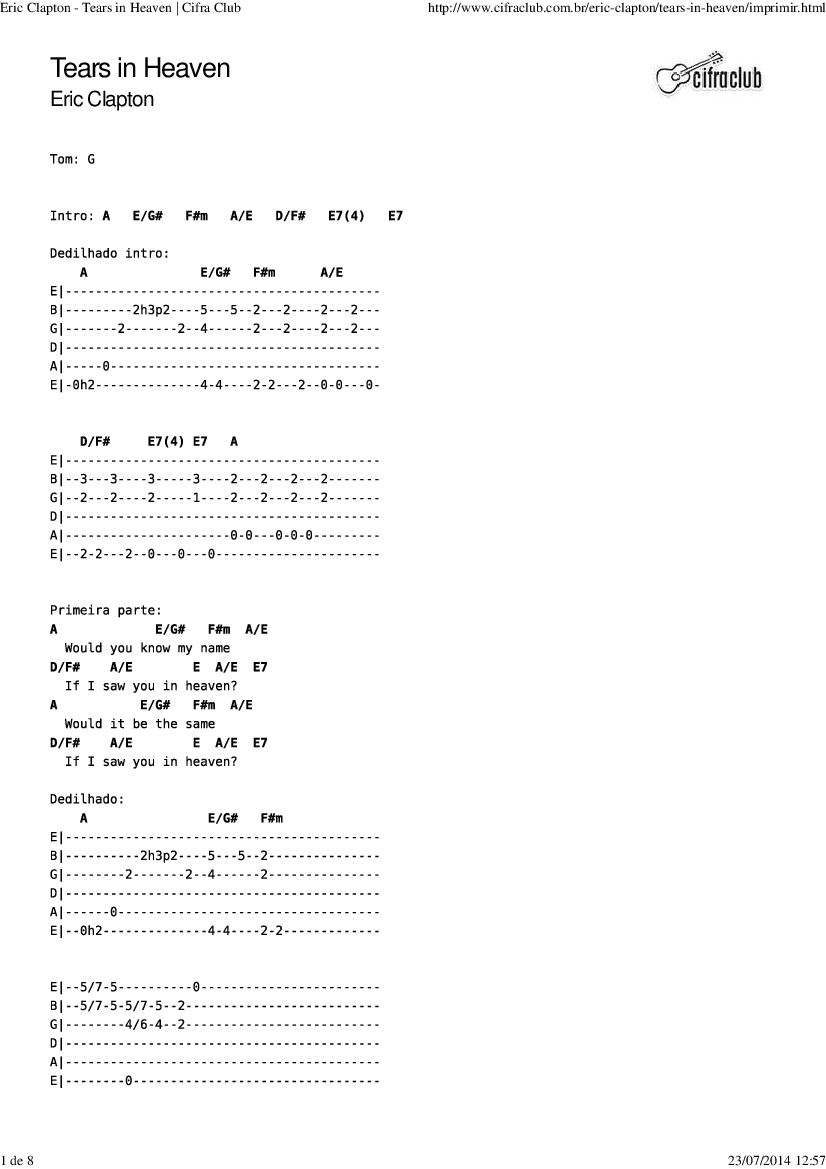 Eric Clapton - Tears in Heaven _ Cifra Club - Baixar pdf de 