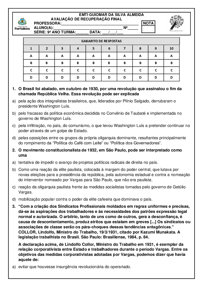 Avaliação Recuperação 9 ANO PDF