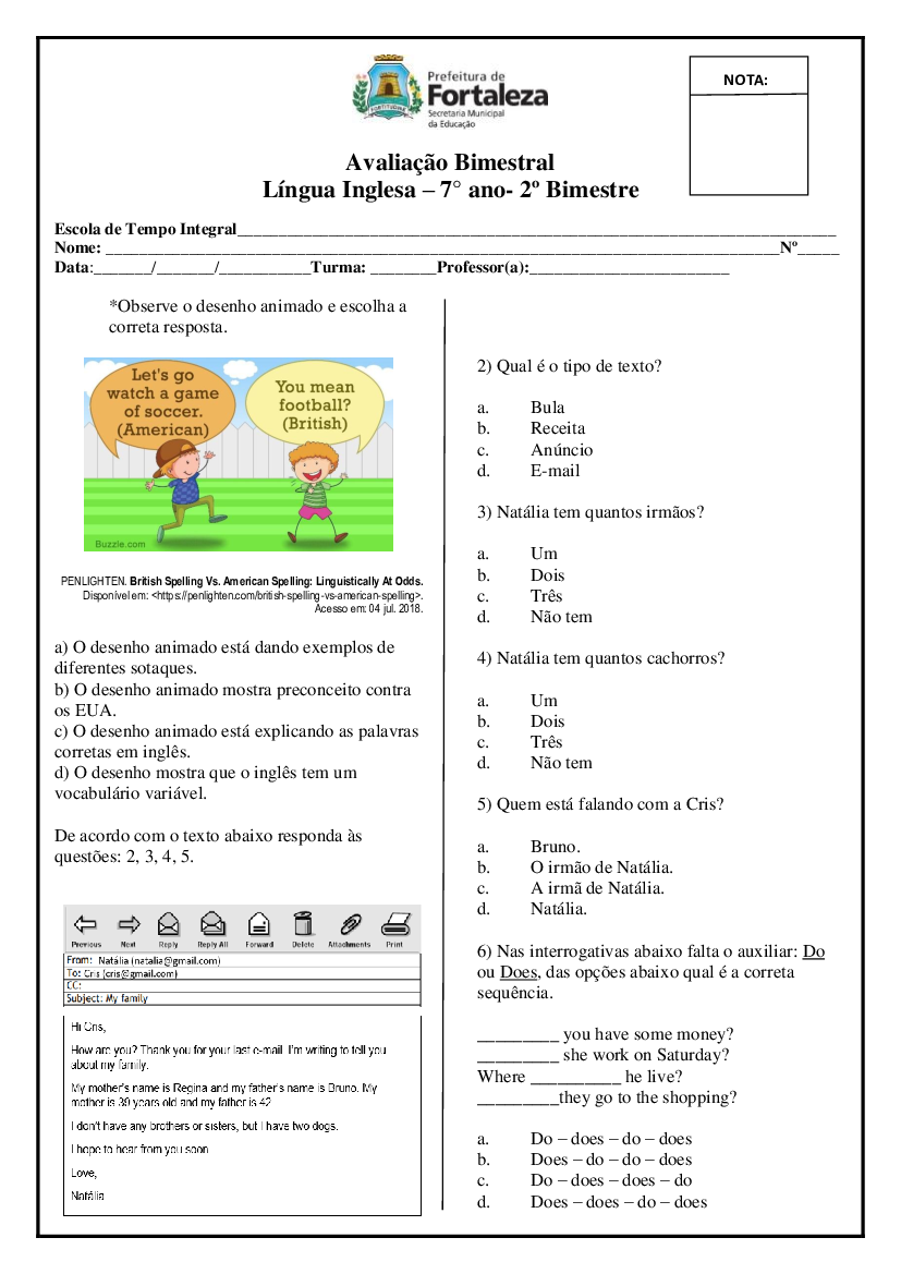 AVALIAÇÃO DE INGLÊS - 3º BIMESTRE (7º ANO).doc