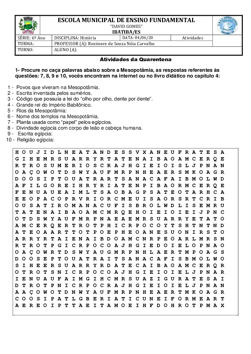 Caça Palavras Para Imprimir História do Egito Antigo Com Respostas.