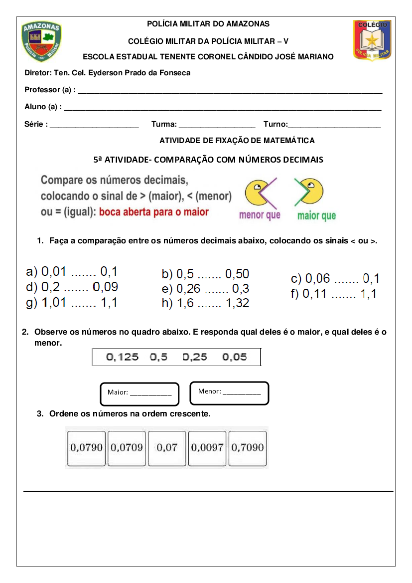 ATIVIDADE DE FIXAÇÃO DE MATEMÁTICA - Nº 5 - COMPARAÇÃO DE NUMEROS DECIMAIS  