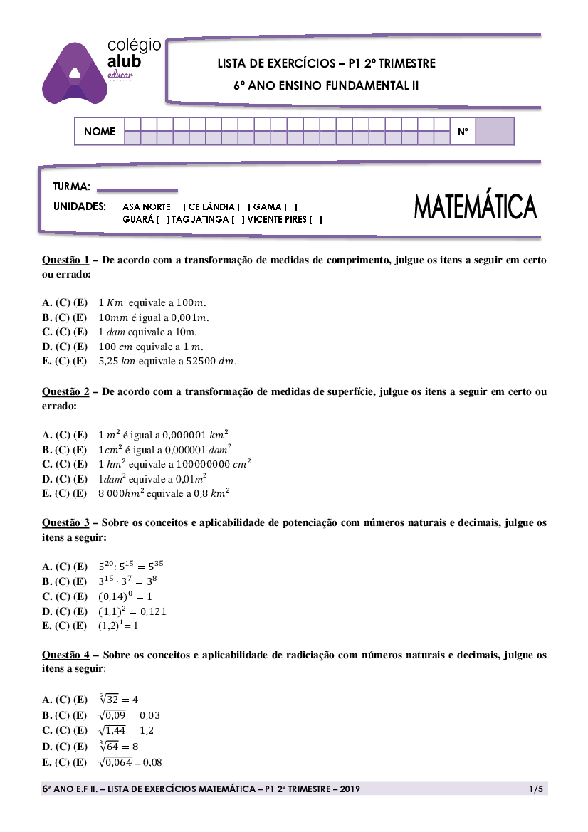 Exercícios Matemática - ALUB