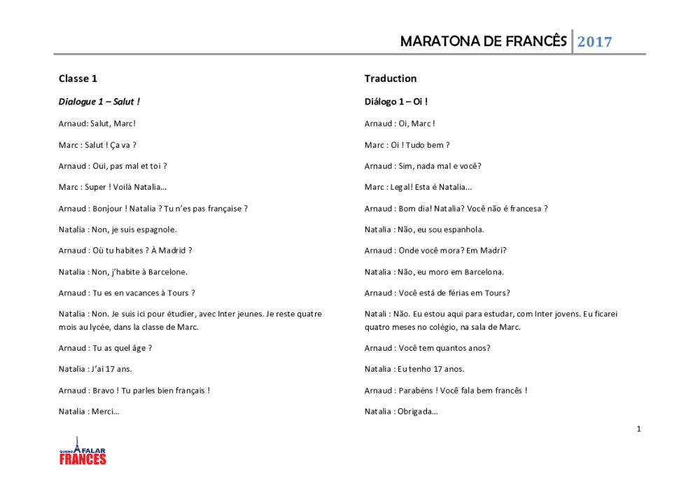 Classe 2 - Dialogos para aprender frances - Baixar pdf de 