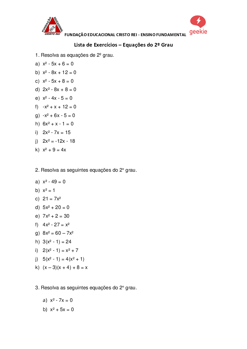 Lista de exercícios - Equação do 2 grau, Exercícios Matemática