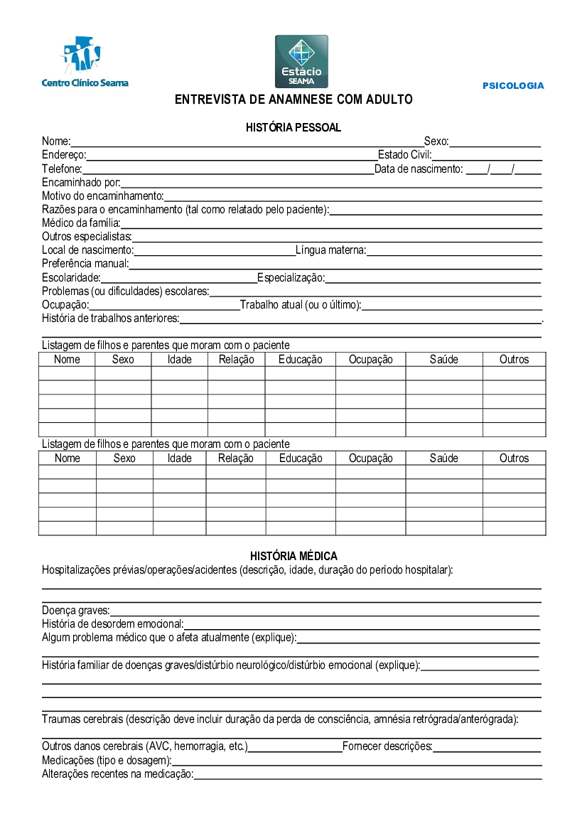 Anamnese Completa Adulto Paciente - CNPJ: 24.474/0001- Walace