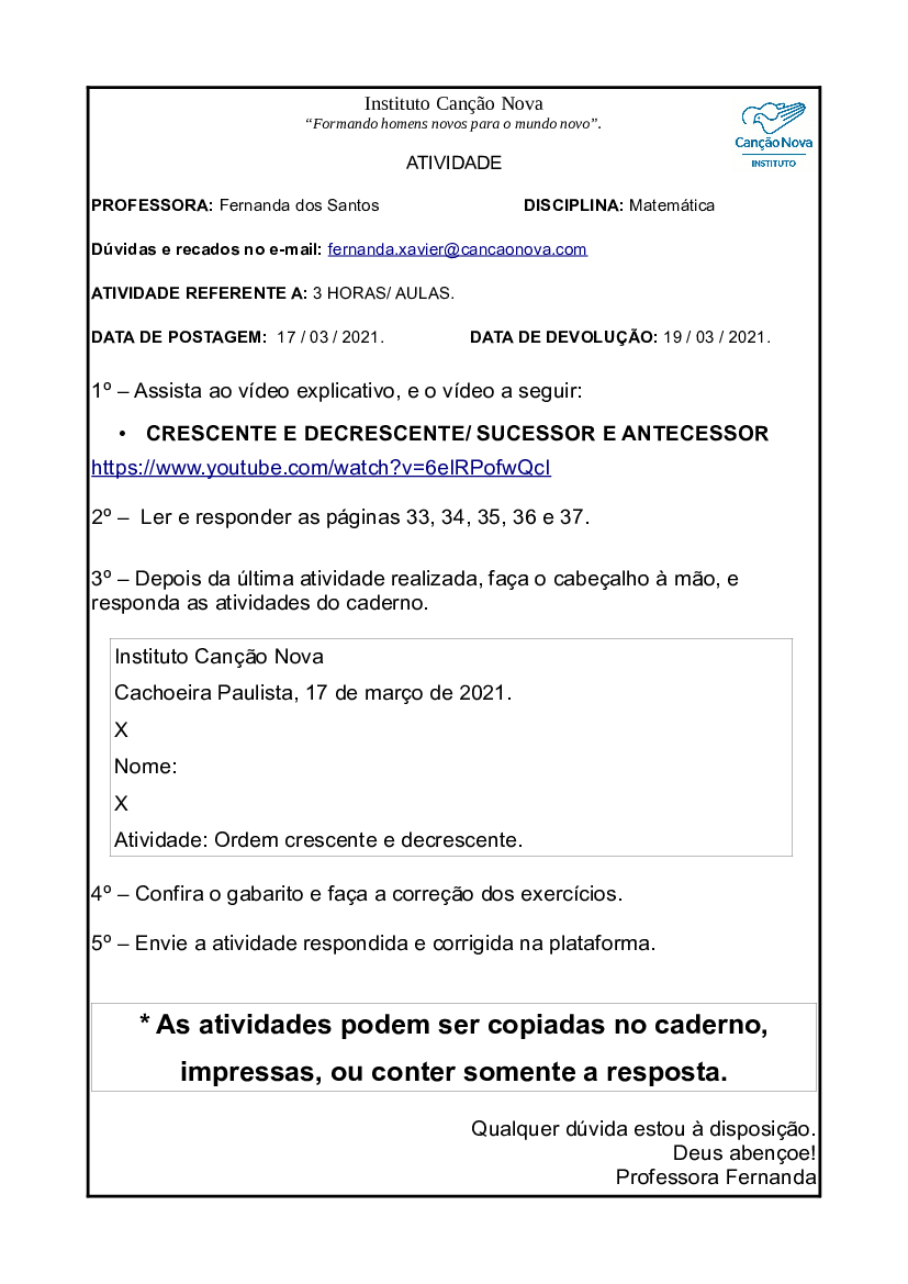 17.03 para 19.03 - Ordem crescente e decrescente - Baixar pdf de