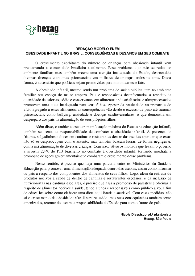 Redação Modelo - Obesidade Infantil - Baixar pdf de Doceru.com