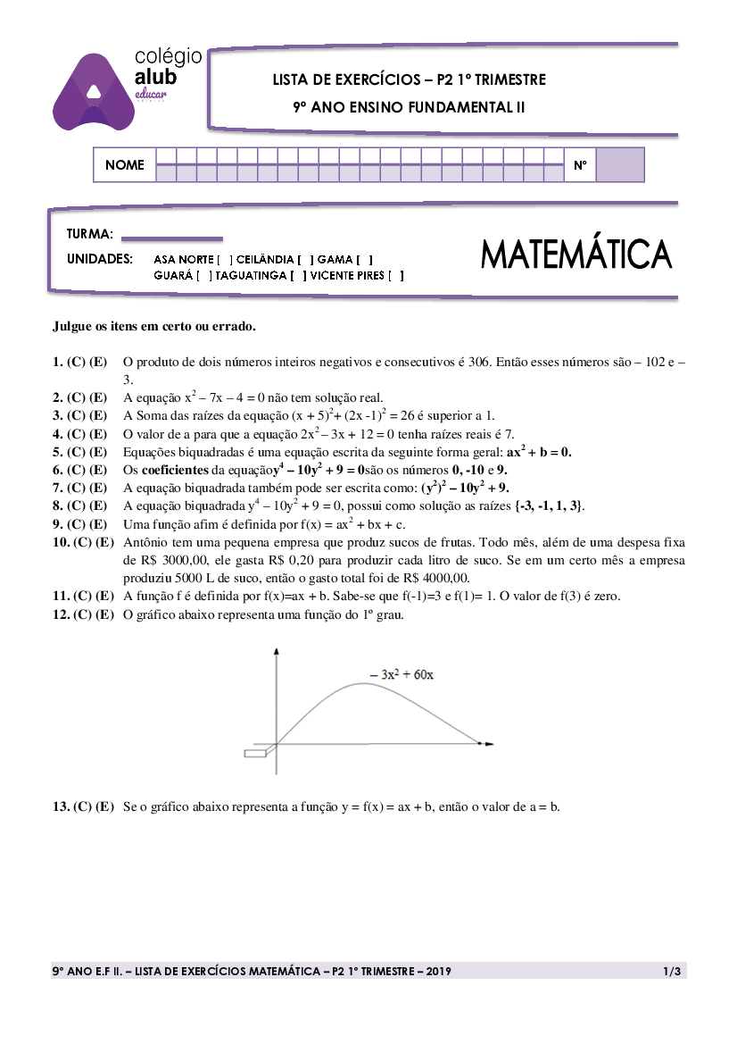 Exercícios Matemática - ALUB