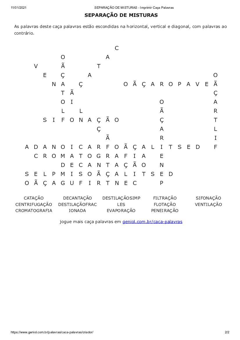 jogos palavra cruzada e caça-palavras sobre separação de misturas