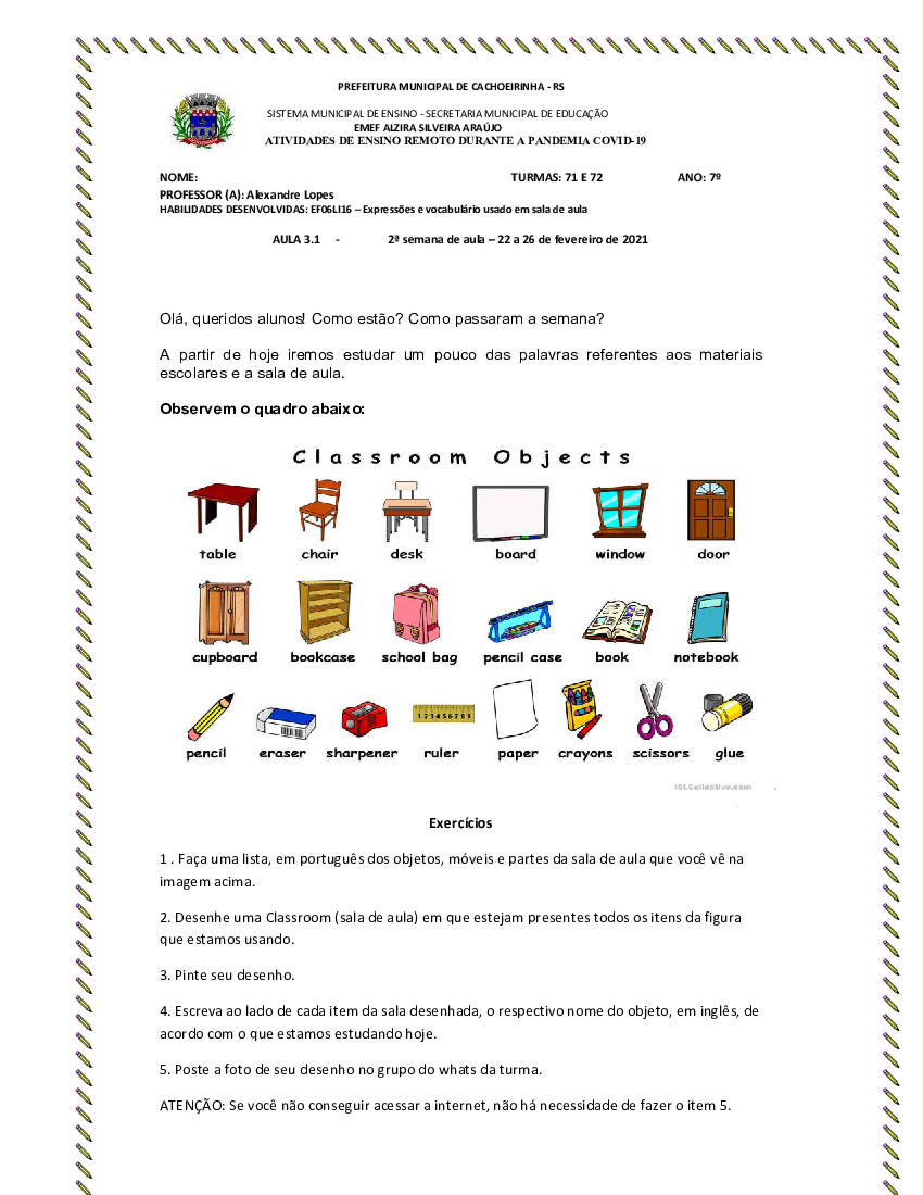 Inglês: Classroom objects (Objetos da sala de aula) 