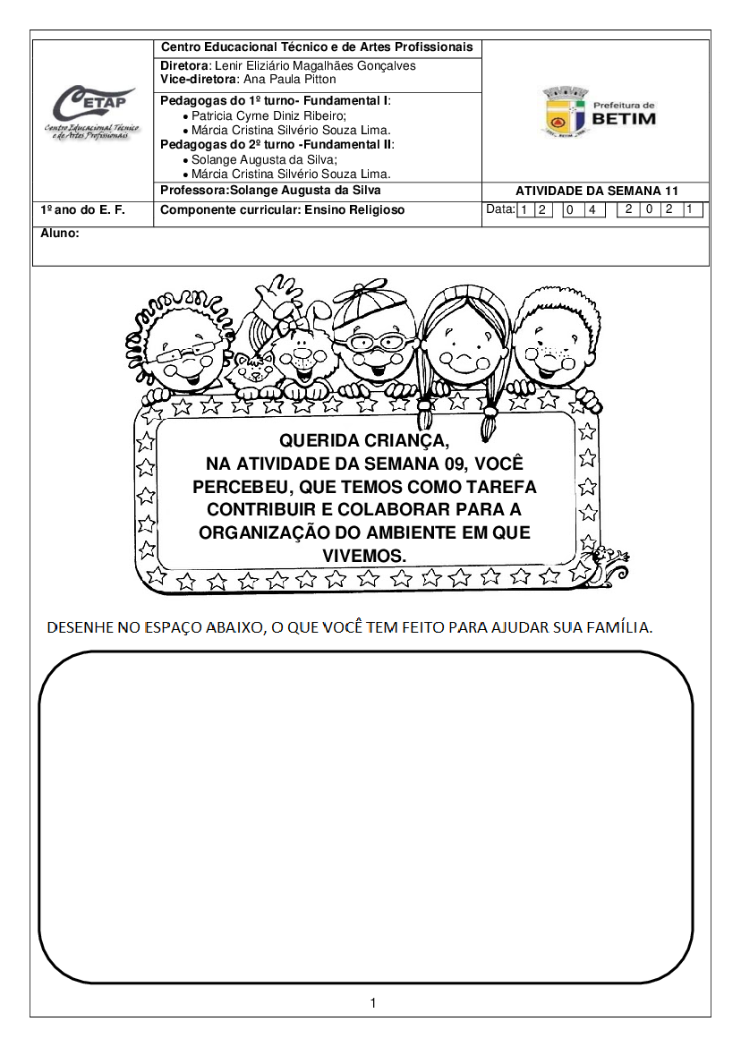 AVALIAÇÃO DE ENSINO RELIGIOSO - 1º ANO DO ENSINO FUNDAMENTAL 1- 1º