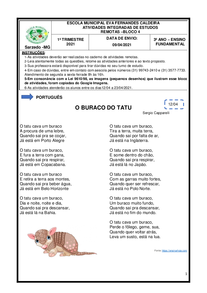 Atividade com poema O buraco do tatu