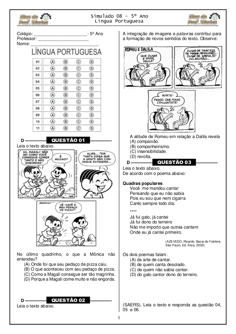 Blog do Prof. Warles: 5° ANO (PORTUGUÊS - Ensino Fundamental) - QUIZ