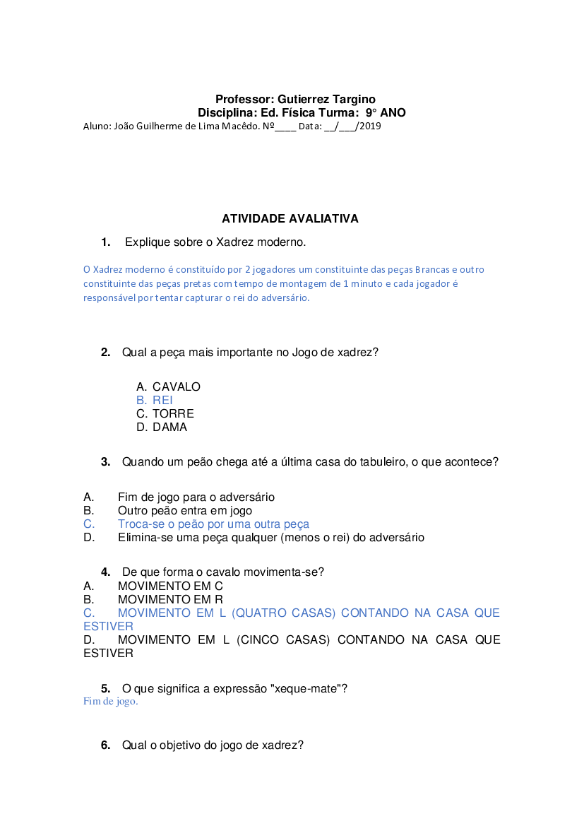 Avaliação de Educação Fisica, PDF, Xadrez