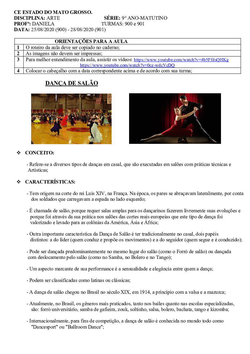 Atividade de Educação Física - Dança de Salão - Com texto e gabarito - 8º e  9º ano