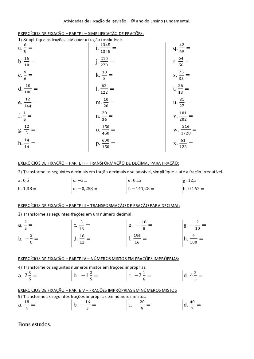 SIMPLIFICAÇÃO DE FRAÇÕES EXERCÍCIOS - 6º ANO 