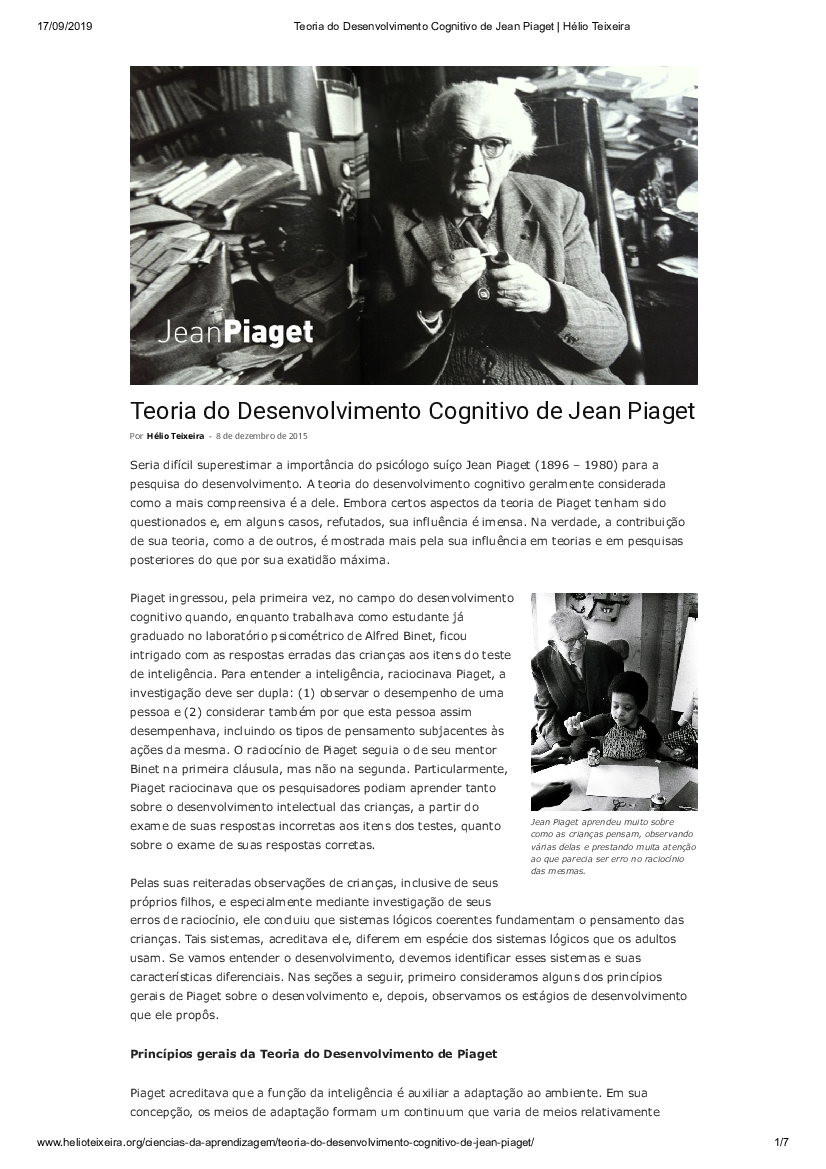 Teoria do Desenvolvimento Cognitivo de Jean Piaget – Hélio Teixeira