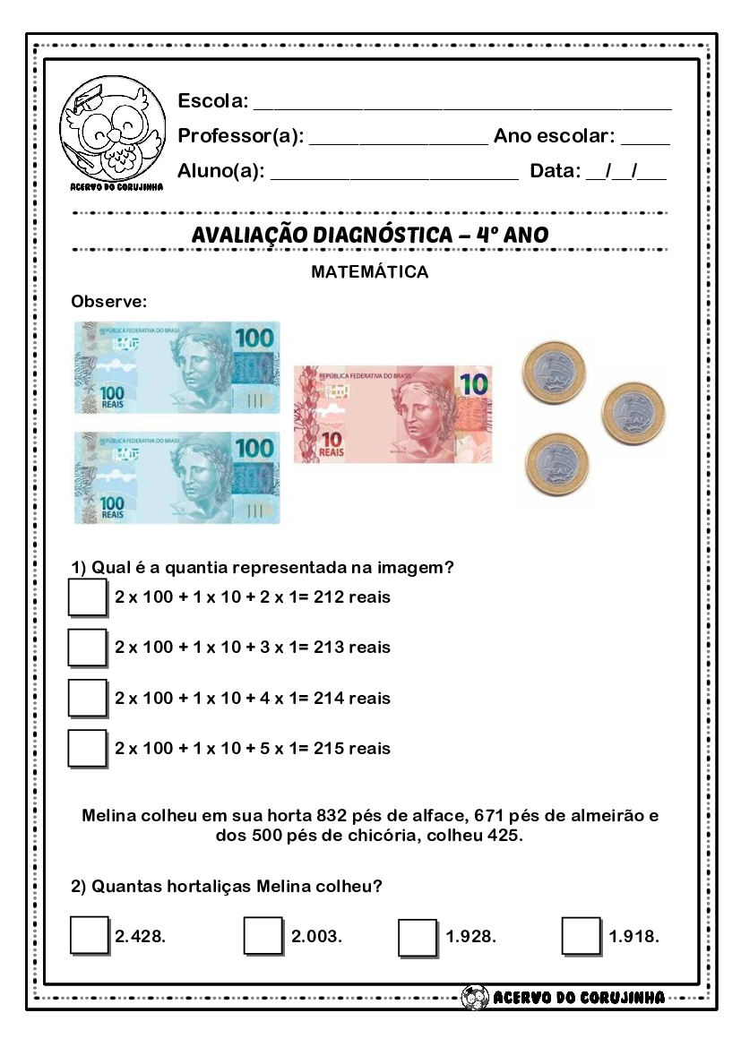 Avaliação Diagnóstica de Matemática 4 Ano, PDF, Lazer