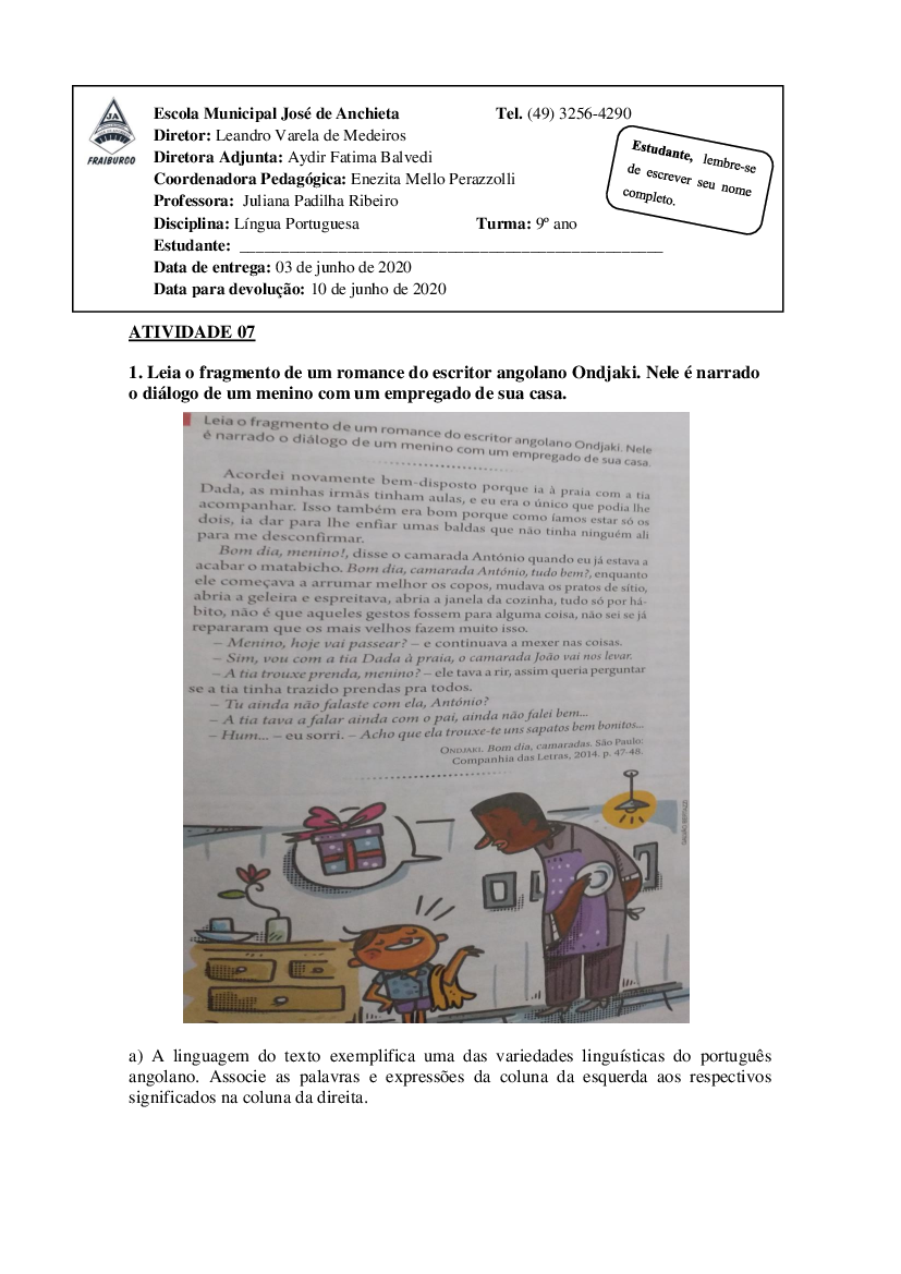Atividade de Língua Portuguesa - 9º ano - 03-06-2020 - Impressa - Baixar pdf  de 
