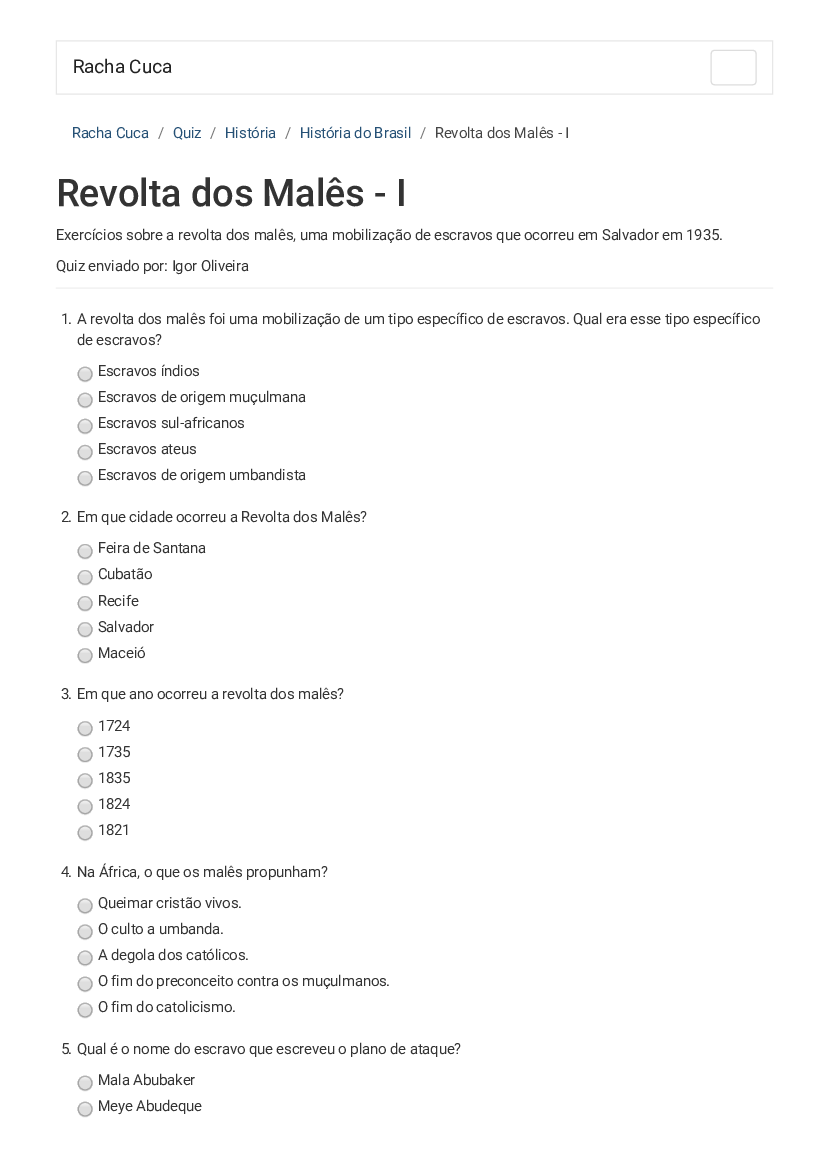 Quiz História 7 Ano, PDF, Escravidão