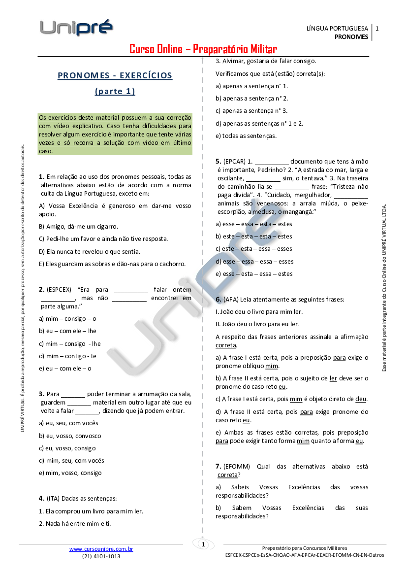 Apostila de Português (CFN, Eam, CN, Epcar, Essa, Eear, Eags, Espcex, Afa,  Efomm, en e Ita) - Atualizada, PDF, Pronome