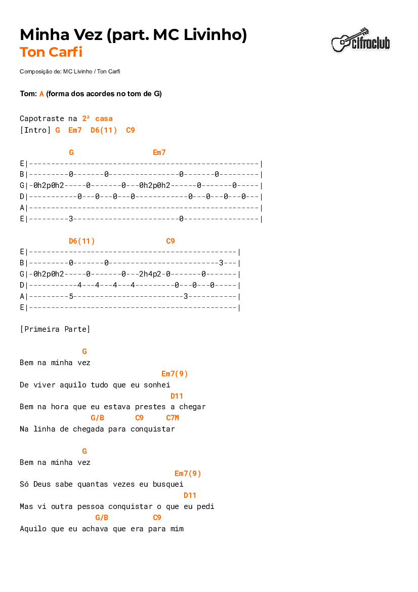 Cifra Club - Ton Carfi - Minha Vez (part. MC Livinho) - Baixar pdf de