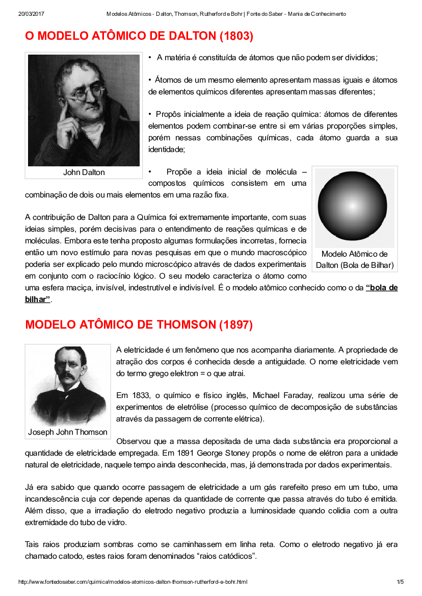 Modelos Atômicos - Dalton, Thomson, Rutherford e Bohr | Fonte do Saber -  Mania de Conhecimento - Baixar pdf de 