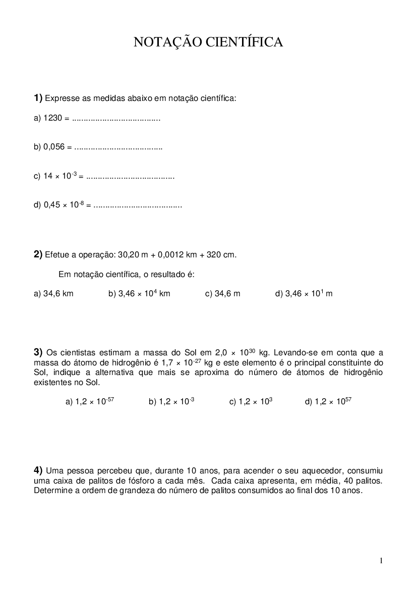 Lista de Exercícios Notação Cientifica, PDF, Sol