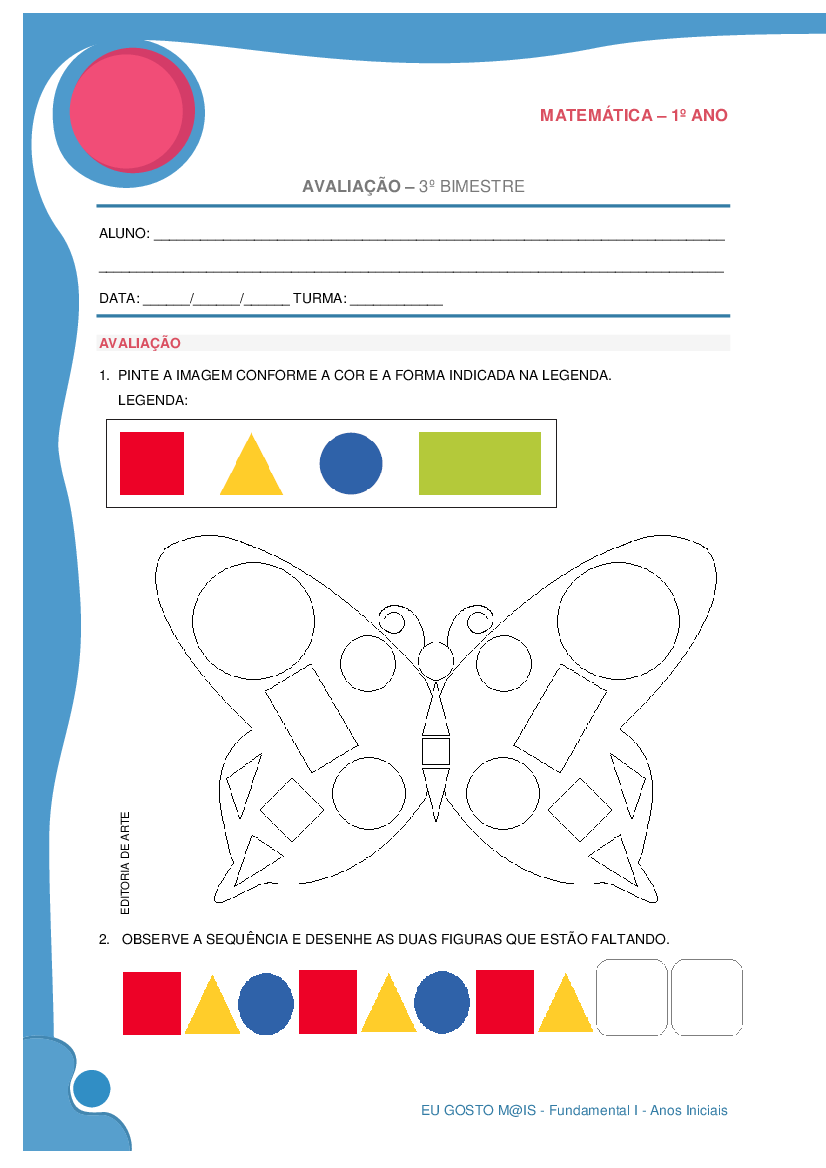 Avaliação de matemática 1º Ano EF - 3º bimestre