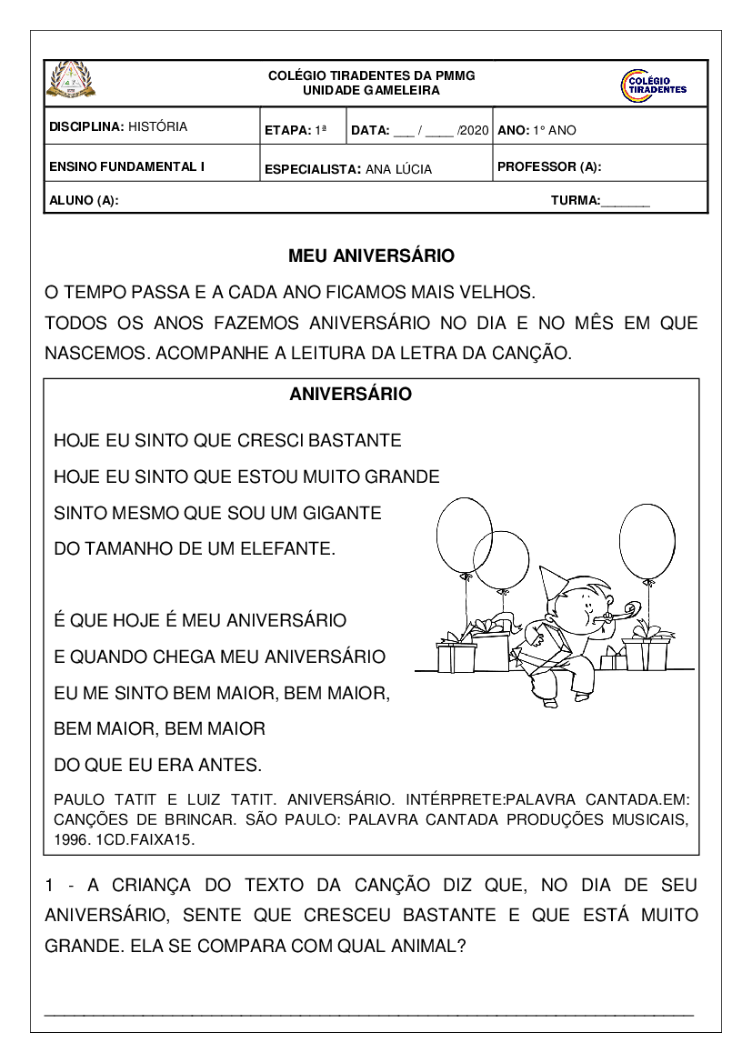 Atividade de História - Noções de Tempo - 1º ano - Com texto