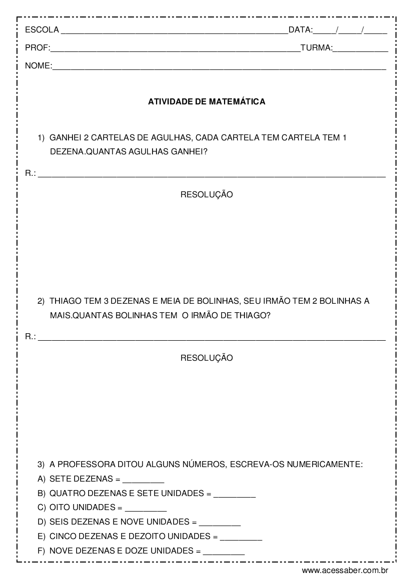 Problemas de matemática - 3º ou 4º ano - Acessaber