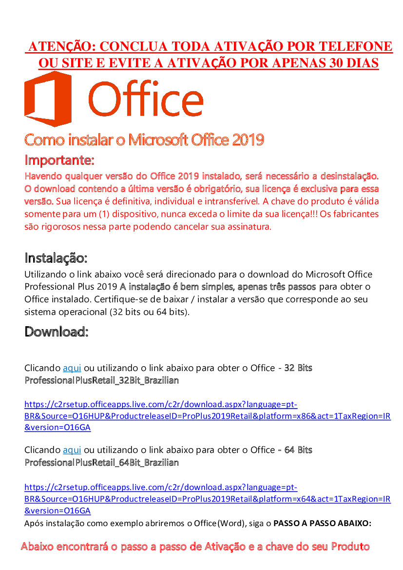 PRODUTO MICROSOFT OFFICE 2019 PRO PLUS - PASSO A PASSO E CHAVE ORIGINAL -  Baixar pdf de 