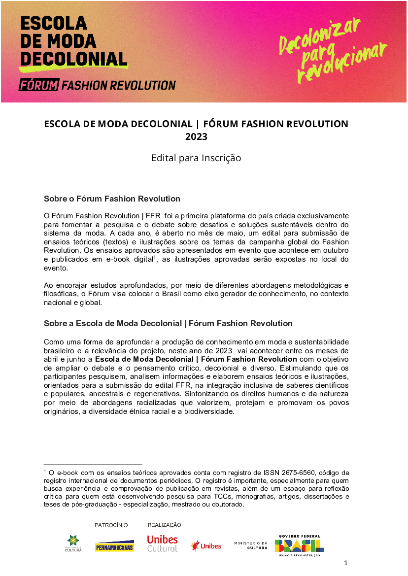 Edital para inscrição  Escola de Moda Decolonial Fórum Fashion Revolution  - Baixar pdf de