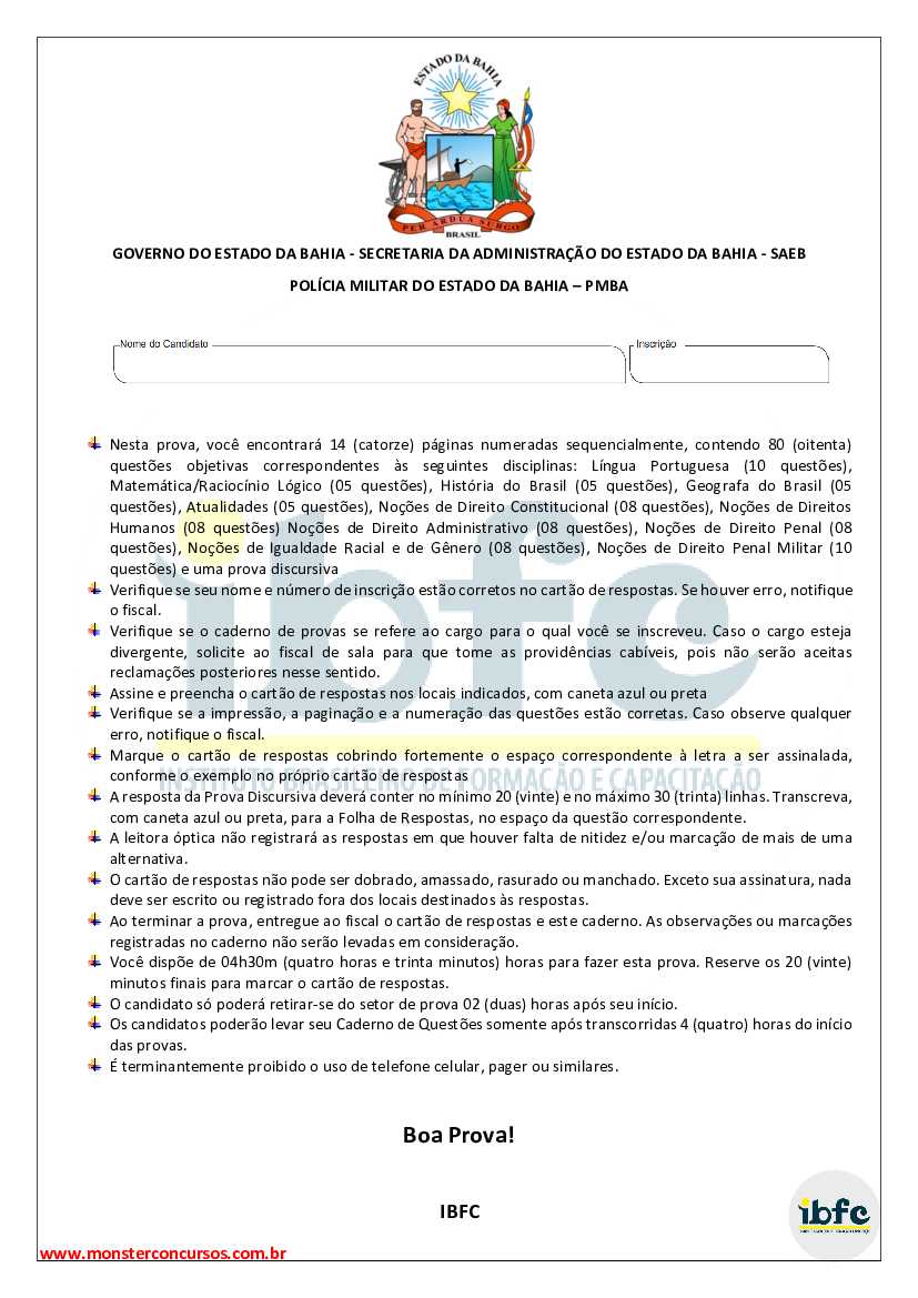 Caderno de Questões ATUALIZADO: Concurso PMBA Soldado - Loja Monster  Concursos