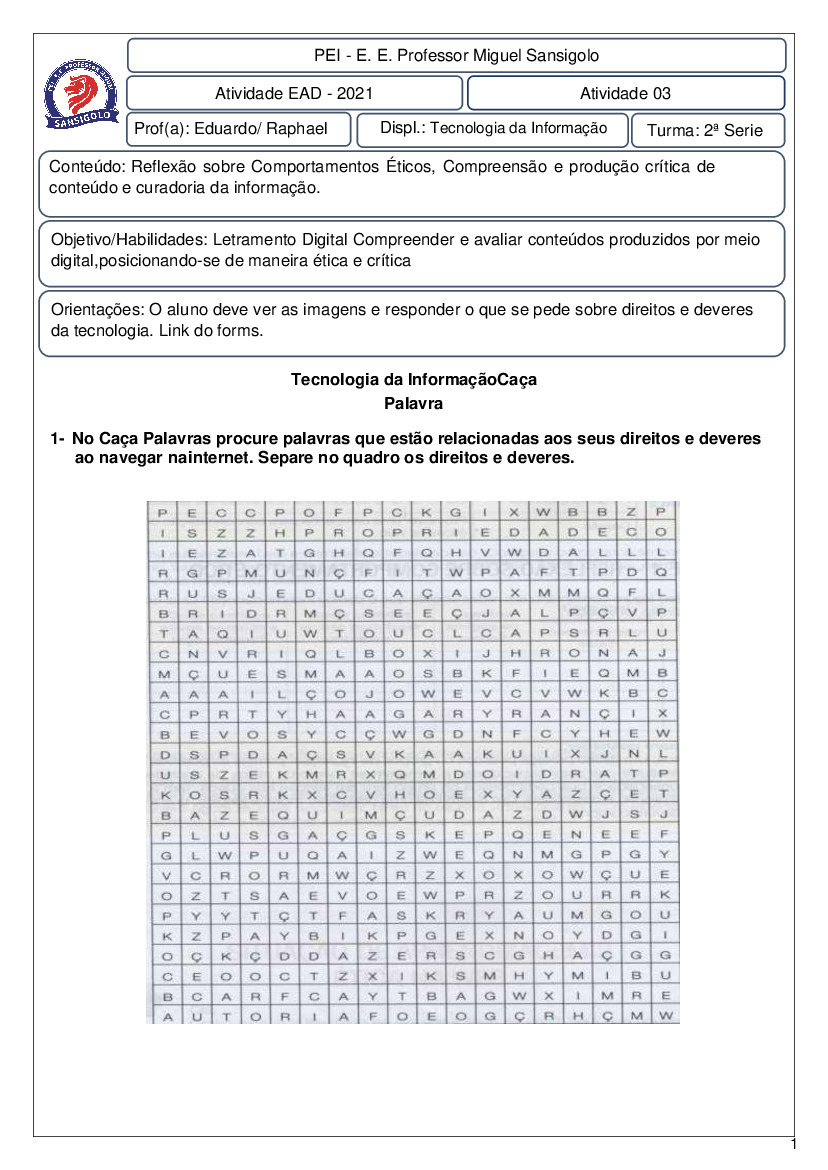 Tecnologias Digitais - Imprimir Caça Palavras, PDF