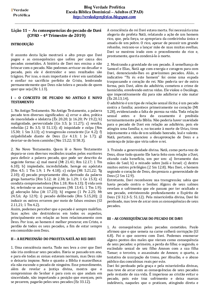 Lição 11 - As Consequências do Pecado de Davi