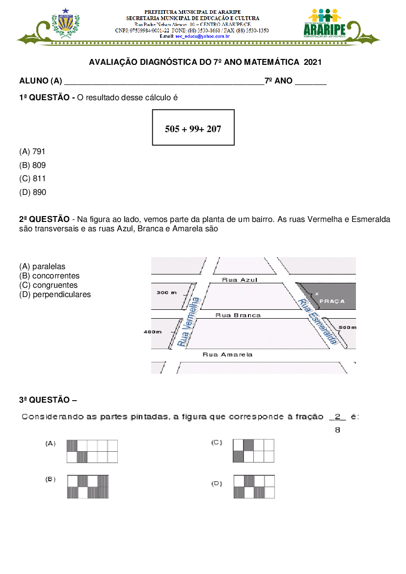 DIAGNÓSTICO MATEMÁTICA 7 ANO