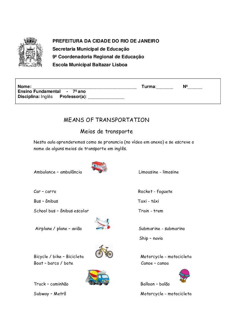 Aula de Inglês - MEANS OF TRANSPORTATION [meios de transporte