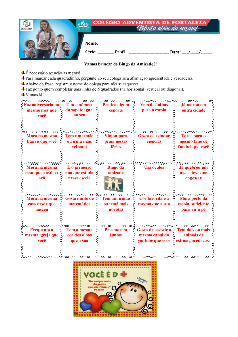 Dinâmica Bingo-da-Amizade na Escola (Download para imprimir)
