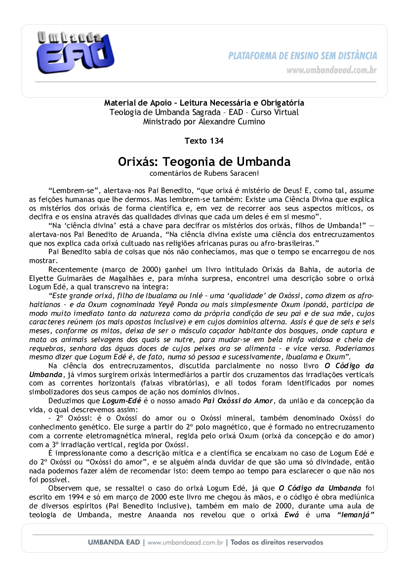 Resumo Orixas Teogonia de Umbanda Rubens Saraceni