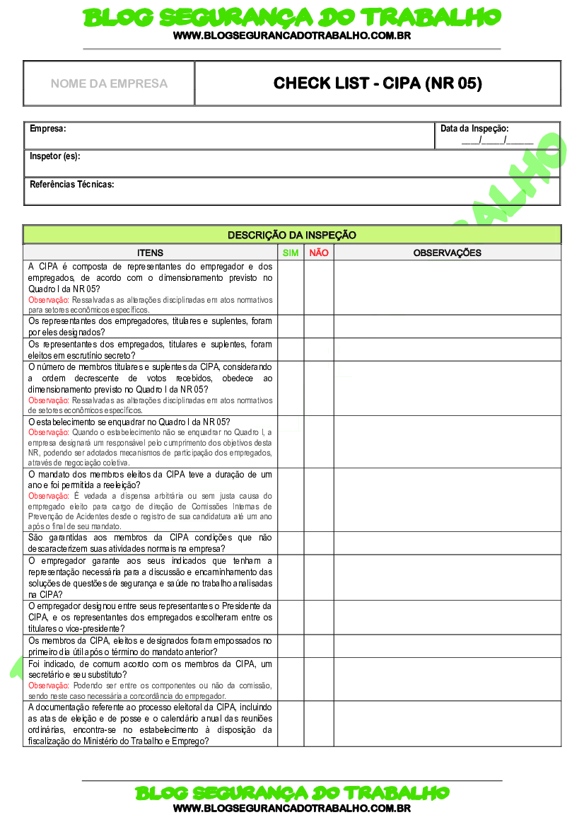 Formulário para Inspeção de Segurança - Designado Cipa