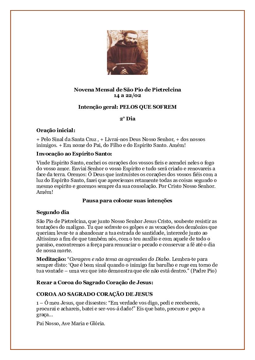 Novena Mensal São Padre Pio 2º Dia - Baixar pdf de 