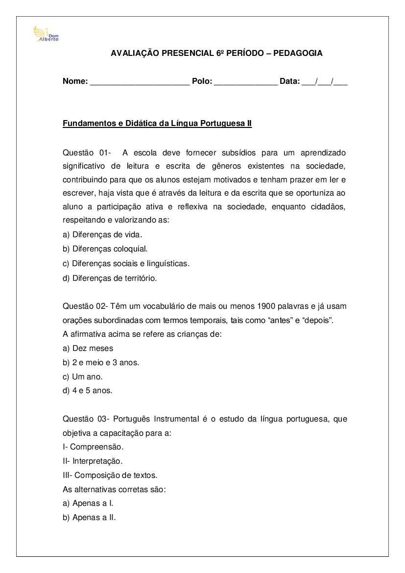 NOVA - AVALIAÇÃO PRESENCIAL 4 PERÍODO PEDAGOGIA (1) - Pedagogia