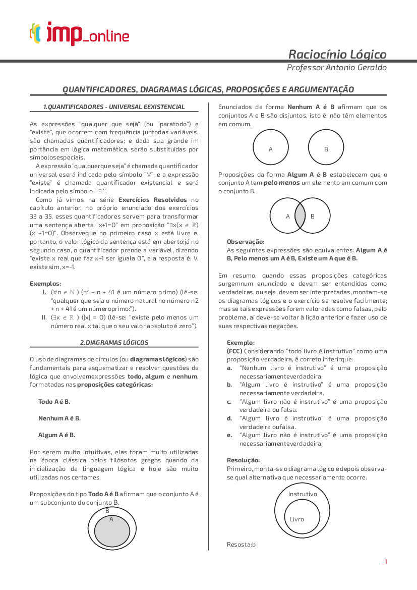 Teoria] 03. T_Quantificadores, Diagramas Lógicos, Proposições e  Argumentação - Baixar pdf de 