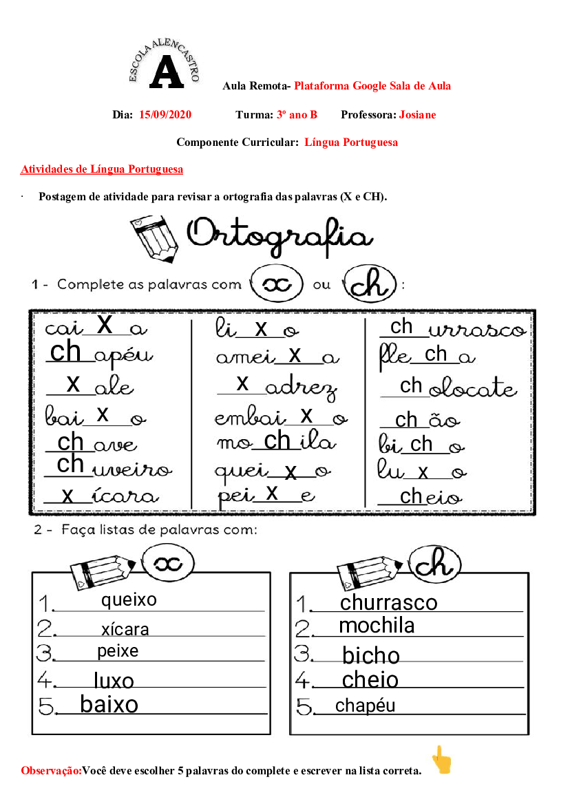 Ortografia x ou ch worksheet