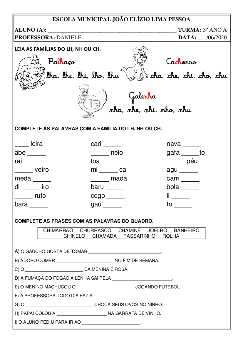 Atividades Com LH, CH E NH Para Alfabetização, 44% OFF