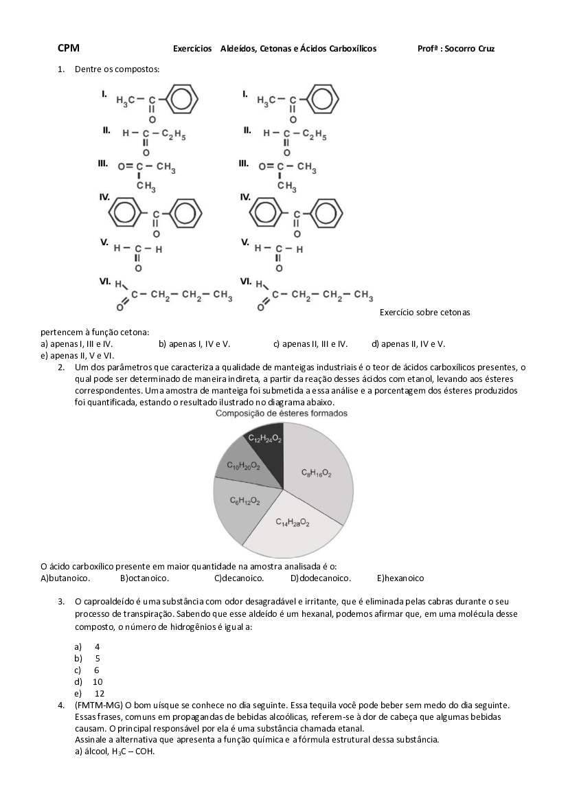 Exercícios Aldeídos, Cetonas e Ácidos Carboxílicos - Baixar pdf de  