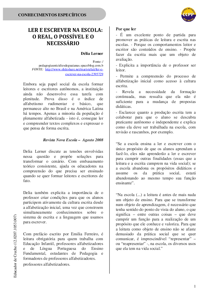 LERNER. LER E ESCREVER NA ESCOLA - Baixar pdf de 